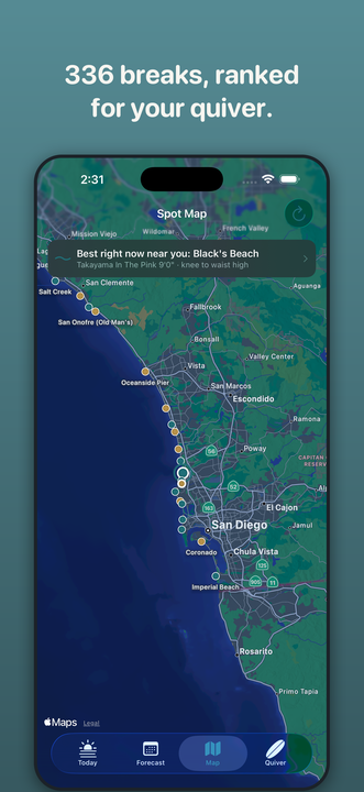 Worldwide map of 336 surf spots ranked by current conditions